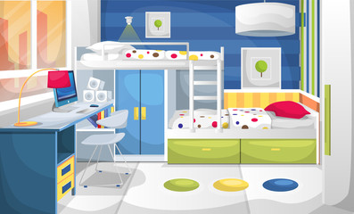 Study and Sleep Room for Kids with Desk Table Computer, Wall Painting, Wardrobe Desk and Bunk Bed for Vector Illustration Interior Design Ideas