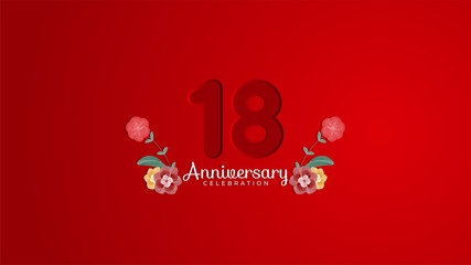 18th Anniversary celebration. Emboss number with Gradient red background and flowers decoration. Modern elegant simple background design vector EPS 10. Can be used for company or wedding.