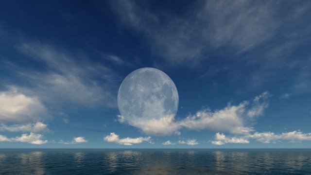 Full moon and timelapse clouds reflecting on water surface, 4K