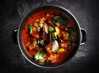 Mediterranean cuisine. Mussel soup with tomato and herbs in a bowl on the dark background. Background image, copy space