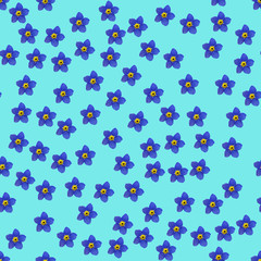 Fototapeta na wymiar Seamless repeat pattern with flowers in purple on blue background. drawn fabric, gift wrap, wall art design, wrapping paper, background, fabric print, web page backdrop.