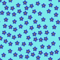 Seamless repeat pattern with flowers in purple on blue background. drawn fabric, gift wrap, wall art design, wrapping paper, background, fabric print, web page backdrop.