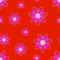 Fototapeta na wymiar Seamless repeat pattern with flowers in pink on red background. drawn fabric, gift wrap, wall art design, wrapping paper, background, fabric print, web page backdrop.