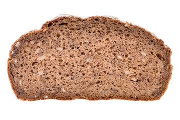 Single slice brown rye breakfast bread with cereal seed isolated on white background, base for healthy breakfast