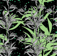 Seamless pattern of botany. Leaves of plants of different sizes and shapes. Stylish multi-colored background with plants. Texture of watercolor paint.