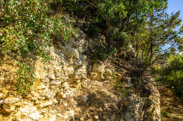 Rocks, vegetation and mountain trails. Travel and adventure.