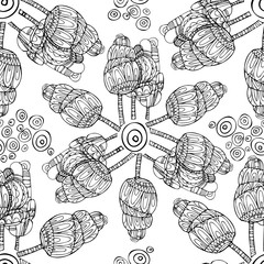 Modern seamless vector simple black and white pattern with lined trees. Can be used for printing on paper, stickers, badges, bijouterie, cards, textiles. 