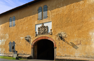 Galle fort gate with coat of arm, tourist landmark, Sri Lanka