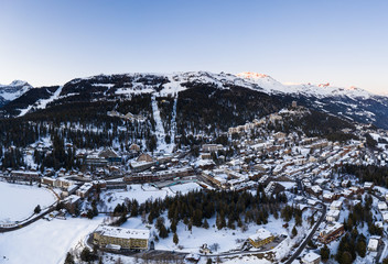 Aerial view of the famous Crans Montana ski resort in the Swiss alps in Canton Valais, Switzerland, in winter