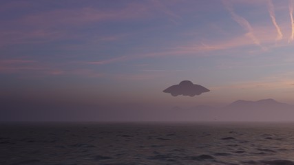 3D illustration. UFO over the sea and waves