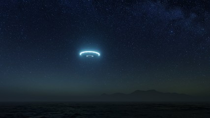 Fototapeta na wymiar 3D illustration. UFO over the sea and waves