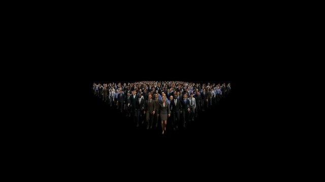 Businessmen with a businesswoman in front forming arrow shape pointing down, hd against black