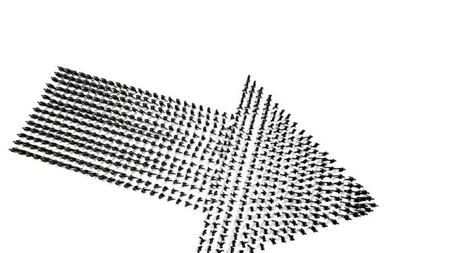 Businessmen lead by a businesswoman forming arrow shape, hd, against white