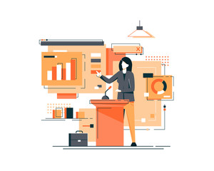 Business woman giving a speech showing sales statistics graphs on presentation screen. Flat style color modern vector illustration