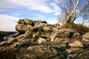 Naroznik, peak with lookout in the Table Mountains ( Gory Stolowe ), National Park, popular tourist attraction, Poland. Sunrise.