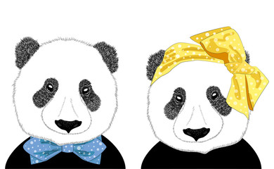 Obraz premium Hand drawn illustration of the head of a panda girl with a bow in the style of the 60s and a panda man in a tie, set.
