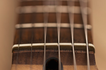 Macro photo of a guitar strings in perspective. Parts of the guitar for good sound and melody....