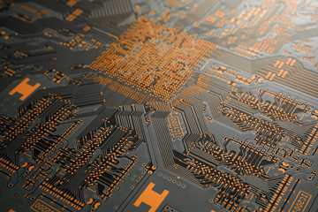 A close-up of black blank Printed circuit board (PCB) with no component mounted (copper exposed)