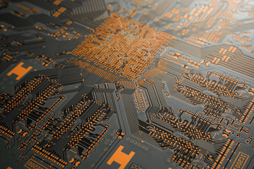 A close-up of black blank Printed circuit board (PCB) with no component mounted (copper exposed)