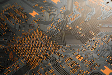 A close-up of black blank Printed circuit board (PCB) with no component mounted (copper exposed)