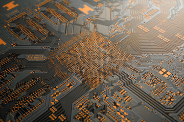 A close-up of black blank Printed circuit board (PCB) with no component mounted (copper exposed)