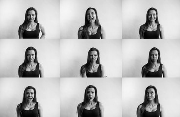 Set of black and white photo of young woman's portraits with different emotions. Young beautiful...