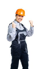 girl civil engineer is very happy about some success. Isolated