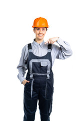 woman engineer shows fingers down. Isolated