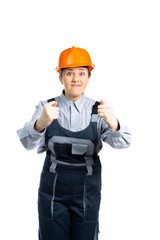 girl construction engineer shows fingers on the camera FIGS. Isolated