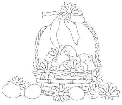 Easter wicker basket with a bow, flowers and painted eggs, black and white vector cartoon illustration for a coloring book page