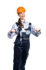 construction worker girl. The girl earned a lot of money and is very happy about it. Isolated