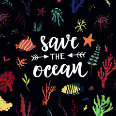 Naklejka premium Save the ocean hand lettering text. Ecology print, planet and environment protection concept. Cute vector fishes