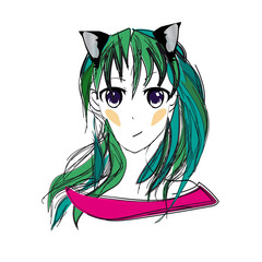 Anime girl with purple eyes, blue and green hair and cat ears