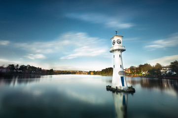 panorama view of clock tower on river in Cardiff 