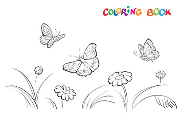 Vector illustration with three butterflies and flowers on a white background. Coloring
