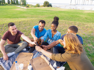 High angle view of happy people cheering with beer. Good friends resting at nature. Concept of picnic