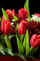vibrant bouquet of red tulips and daisies