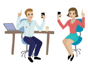 Man and woman communicate via video chat. Vector illustration