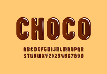 Chocolate glossy font, brown alphabet in the cartoon style, tasty rounded letters from A to Z and numbers from 0 to 9 for you designs: logo, t shirt, card, poster, vector illustration 10EPS