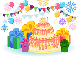 Birthday background with birthday cake and colorful balloon