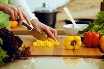 Unknown human hands cooking in kitchen. Woman slicing yellow bell pepper. Healthy meal, and vegetarian food concept