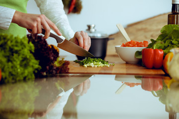 Unknown human hands cooking in kitchen. Woman slicing green onion. Healthy meal, and vegetarian food concept