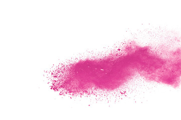 Pink powder explosion on white background. Paint Holi.