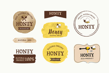 Honey bee blots stain label and banner. Logo element organic natural product design. Artistic circle brushes with watercolor texture.