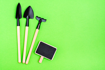 Home gardening. Miniature garden tools: a scoop, a rake and a board for an inscription on a green...