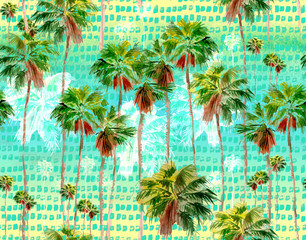 Watercolor Miami palms seamless background, tropical pattern