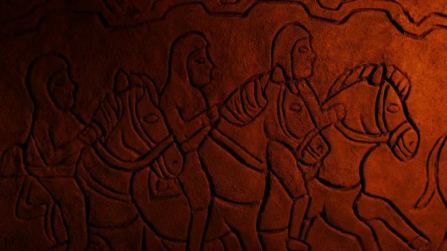 Old Carving Of Men Riding Horses Generic Historic Scene