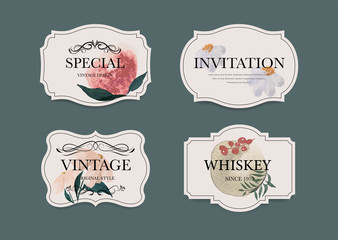Vintage label banner badges set. Luxury decoration watercolor paint design. High quality tag premium guaranteed. Floral brush hand drawn style.