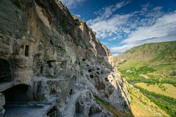 Caves of the ancient settlement of Vardzia in Georgia. View of the many permitted caves. Tourist attraction of Georgia.