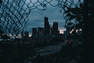 city skyline at night through fence